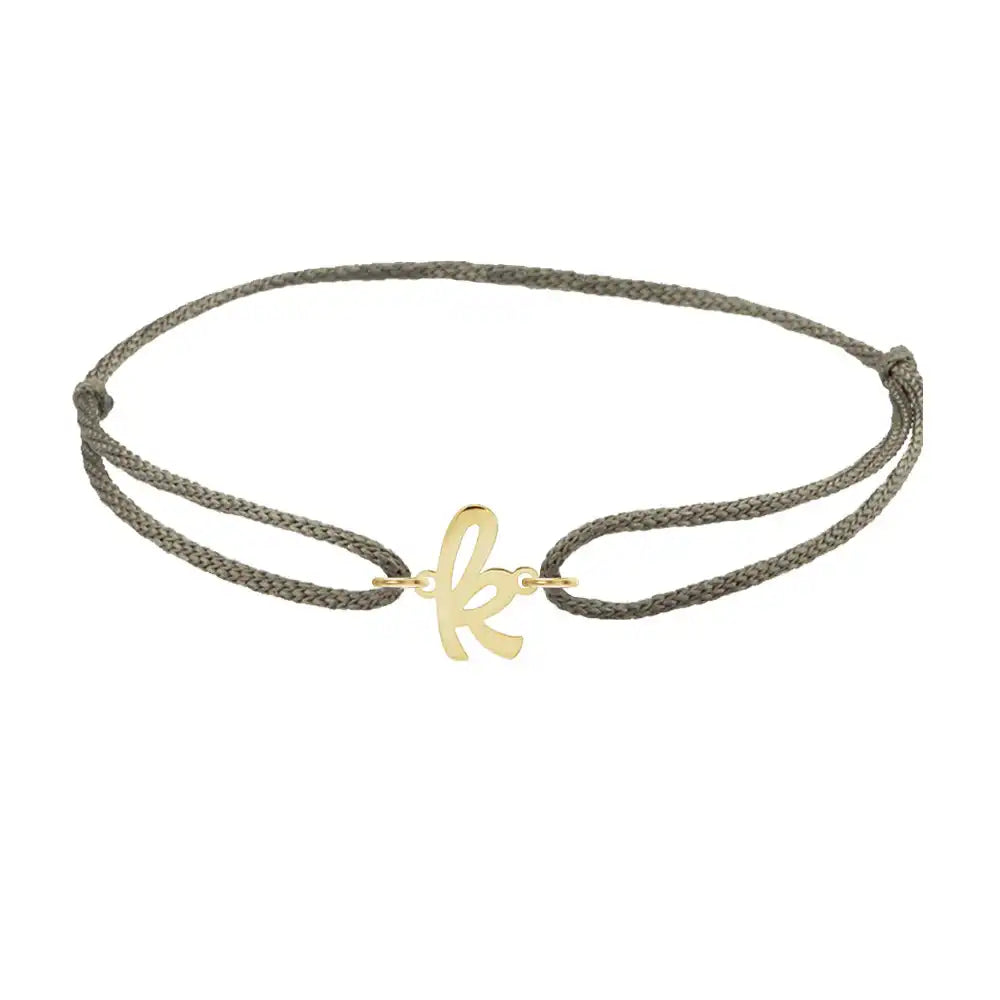 Script initial k silk bracelet in 14K yellow gold on olive silk