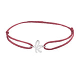 Script initial k silk bracelet in sterling silver on burgundy silk