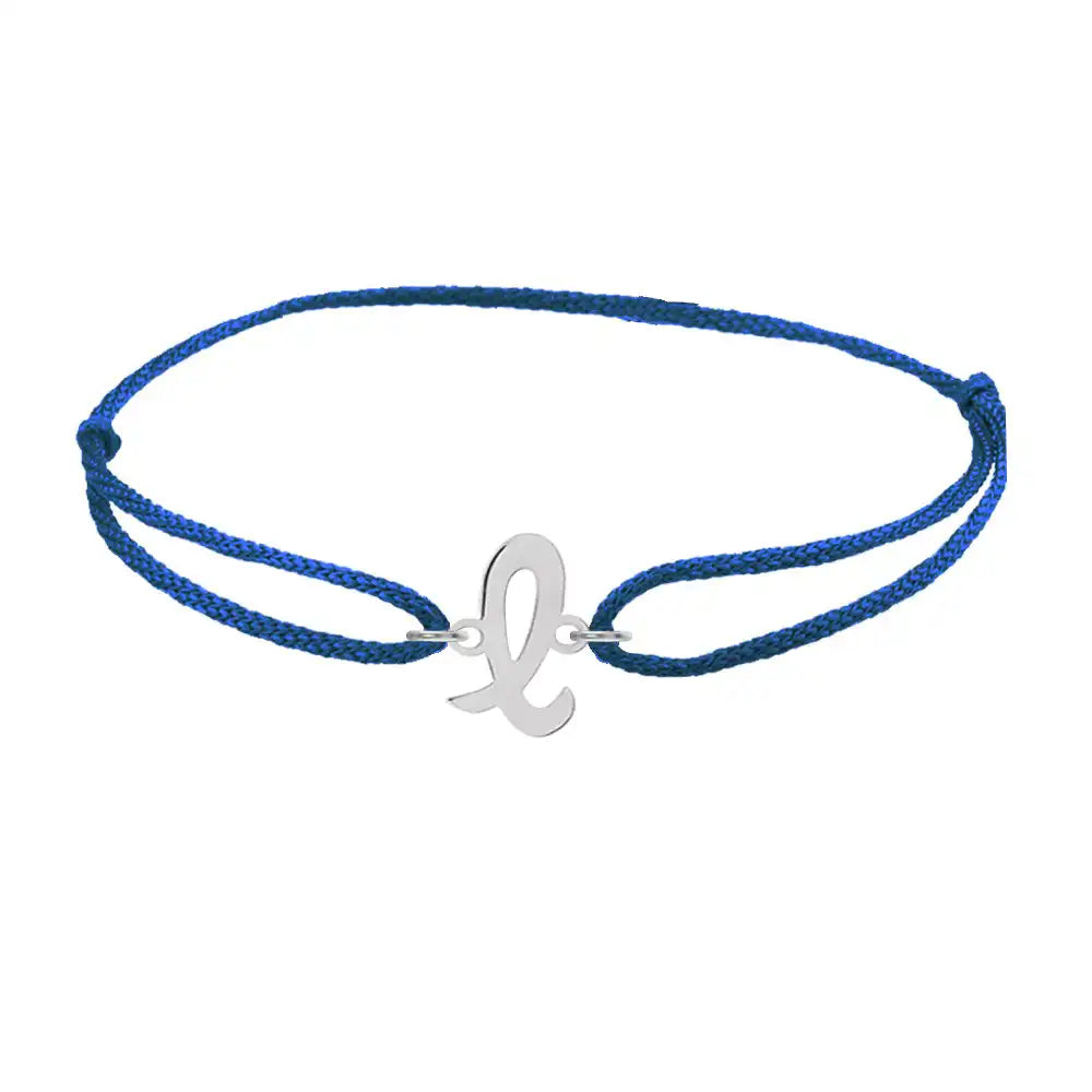 Script initial l silk bracelet in 14K white gold on blue silk