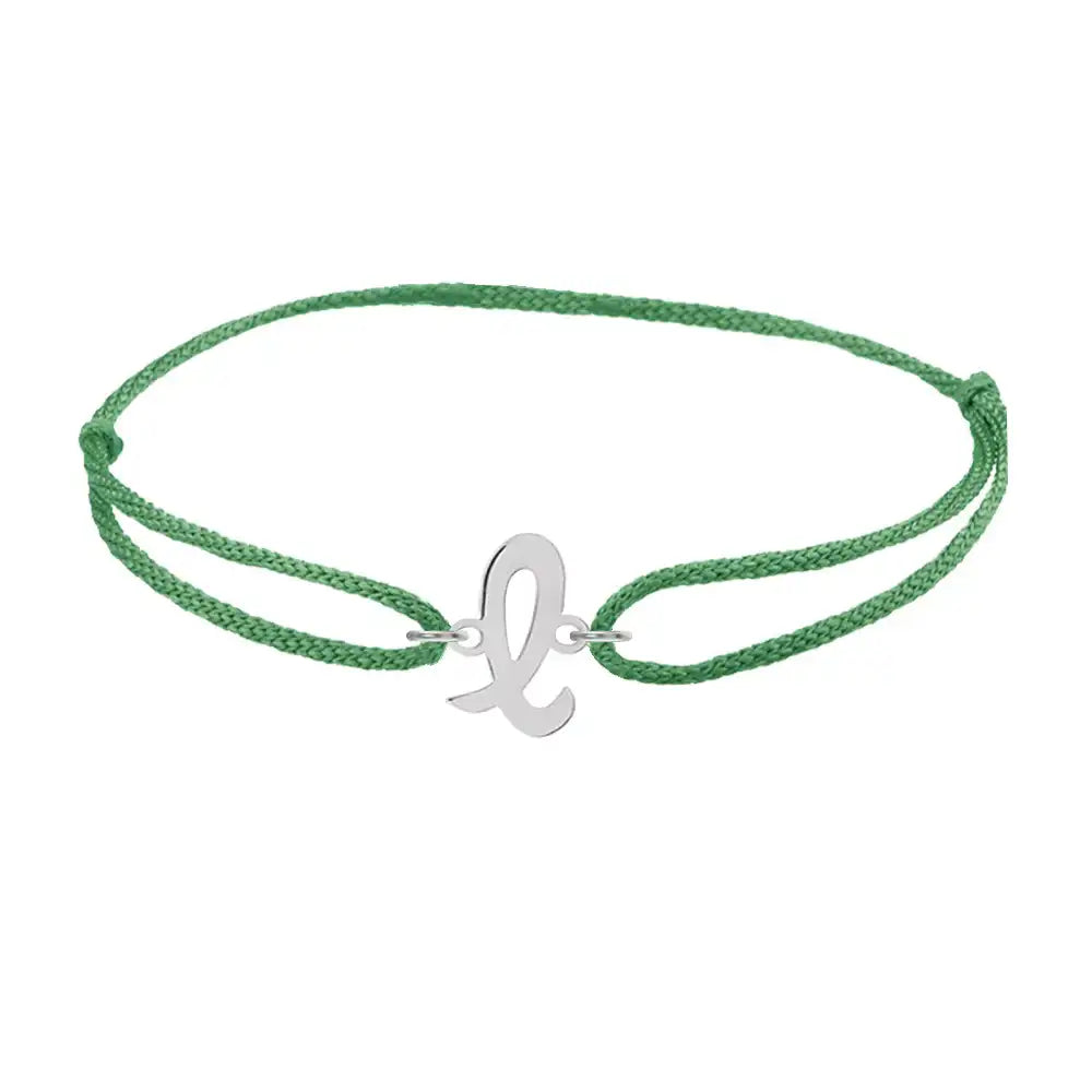 Script initial l silk bracelet in 14K white gold on emerald silk