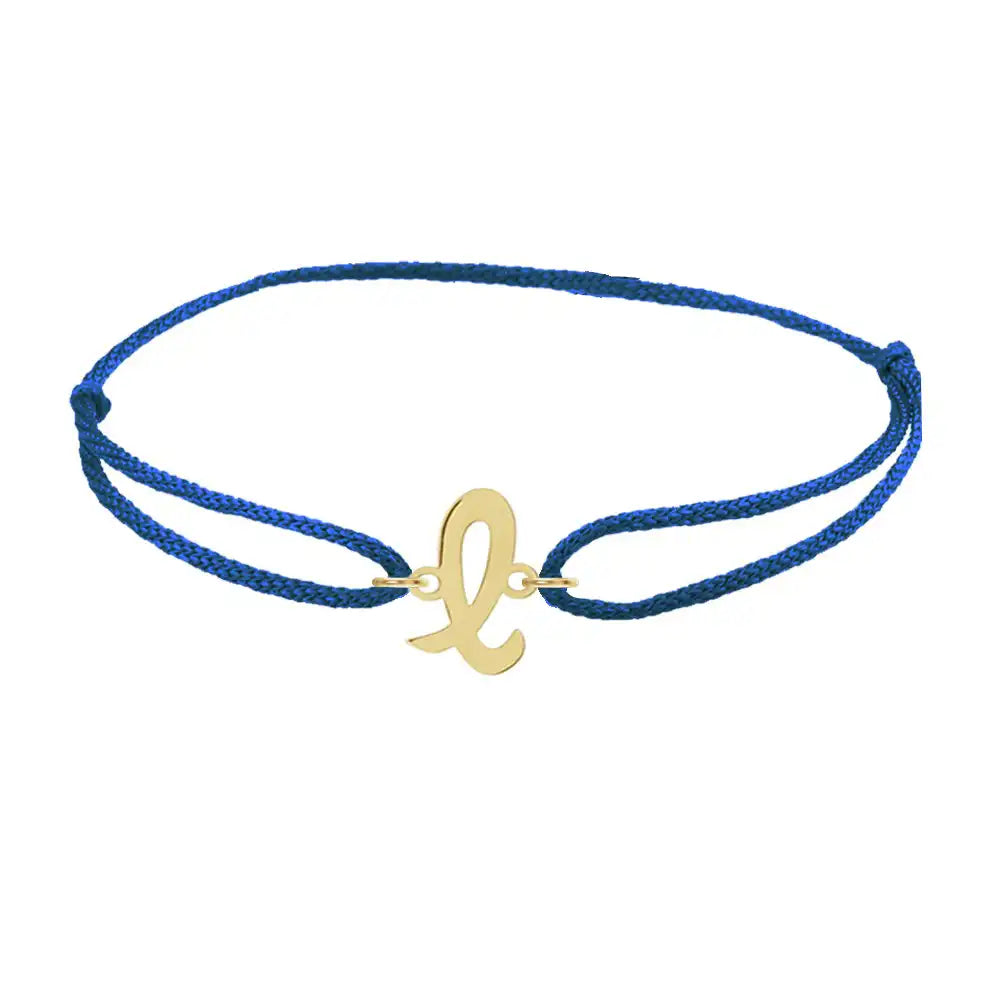 Script initial l silk bracelet in 14K yellow gold on blue silk