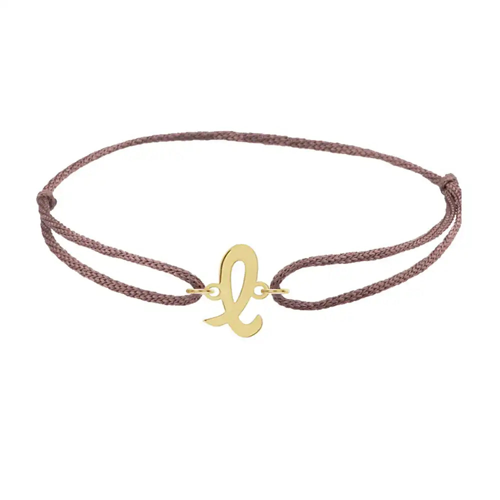 Script initial l silk bracelet in 14K yellow gold on brown silk