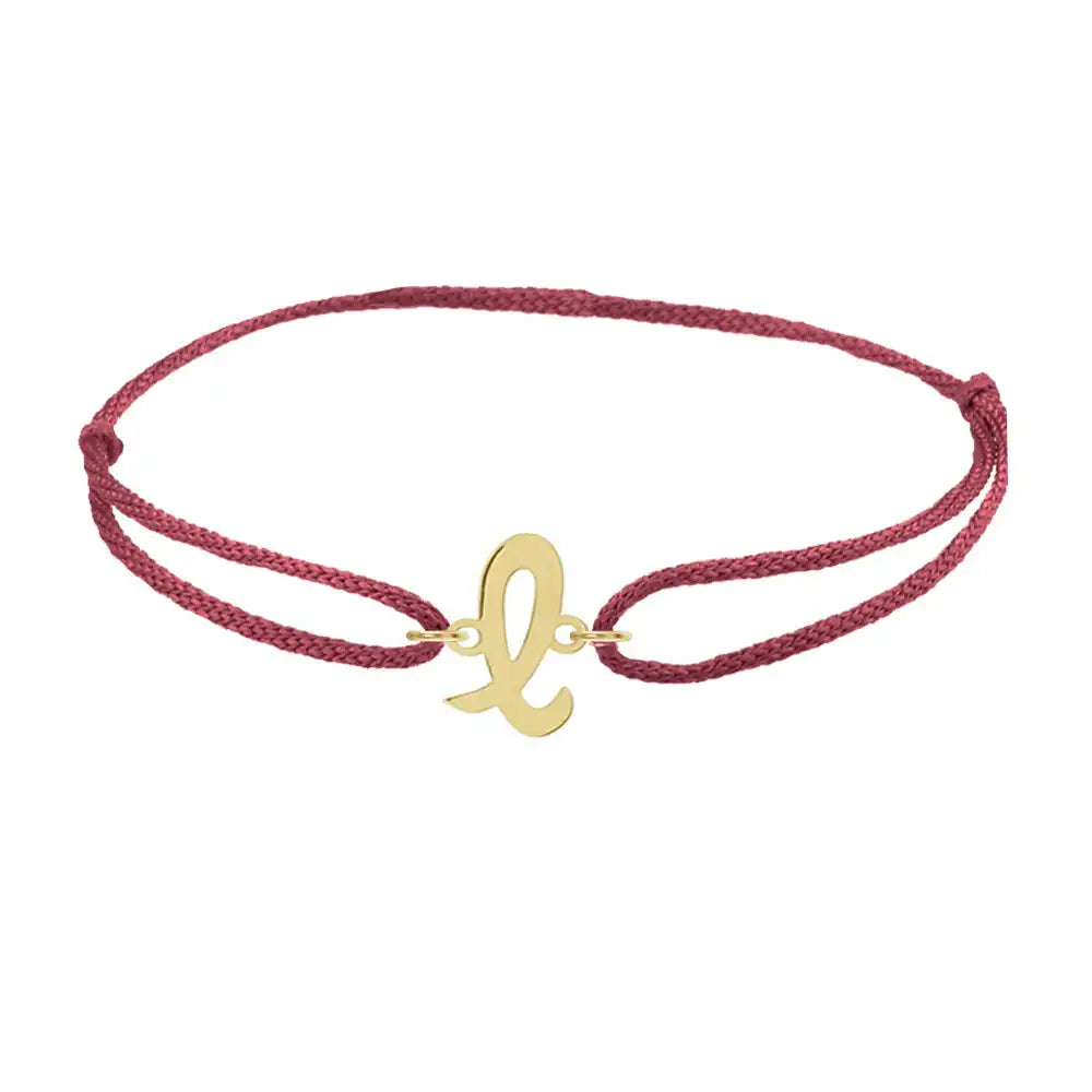 Script initial l silk bracelet in 14K yellow gold on burgundy silk