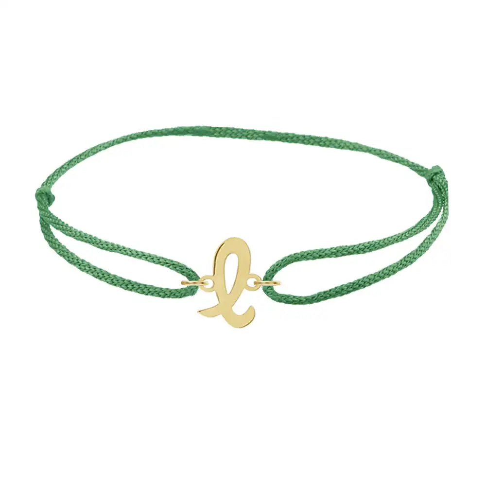 Script initial l silk bracelet in 14K yellow gold on emerald silk