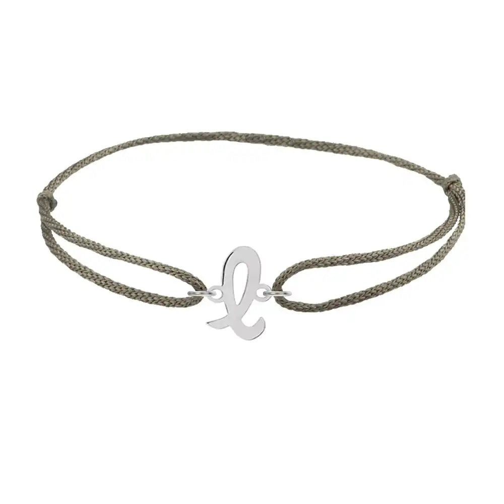 Script initial l silk bracelet in sterling silver on olive silk