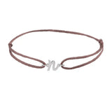 Script initial n silk bracelet in 14K white gold on brown silk