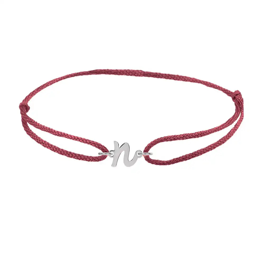Script initial n silk bracelet in 14K white gold on burgundy silk