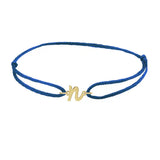 Script initial n silk bracelet in 14K yellow gold on blue silk
