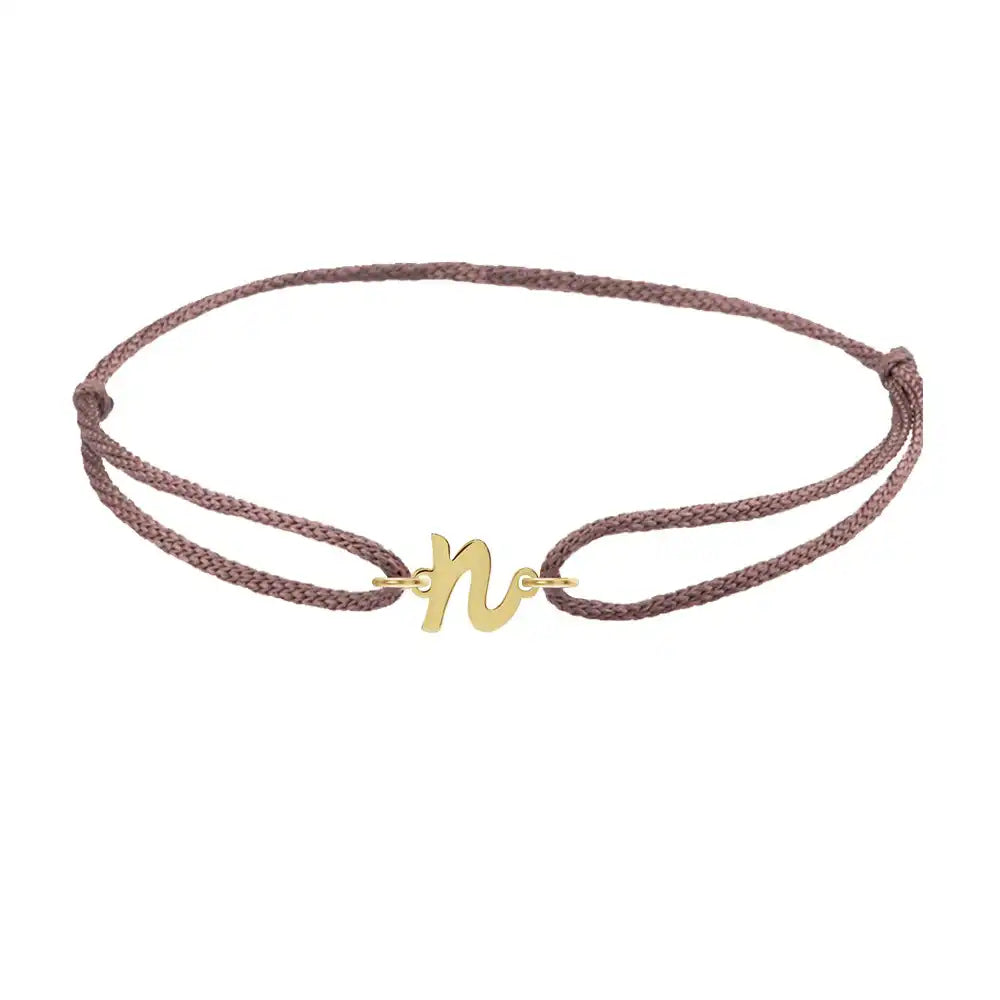 Script initial n silk bracelet in 14K yellow gold on brown silk
