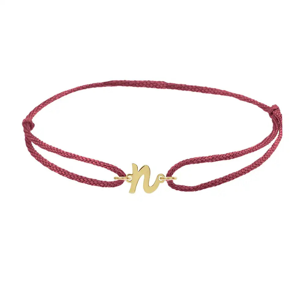 Script initial n silk bracelet in 14K yellow gold on burgundy silk