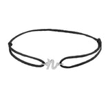 Script initial n silk bracelet in sterling silver on black silk