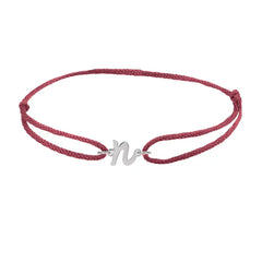 Script initial n silk bracelet in sterling silver on burgundy silk