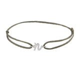 Script initial n silk bracelet in sterling silver on olive silk