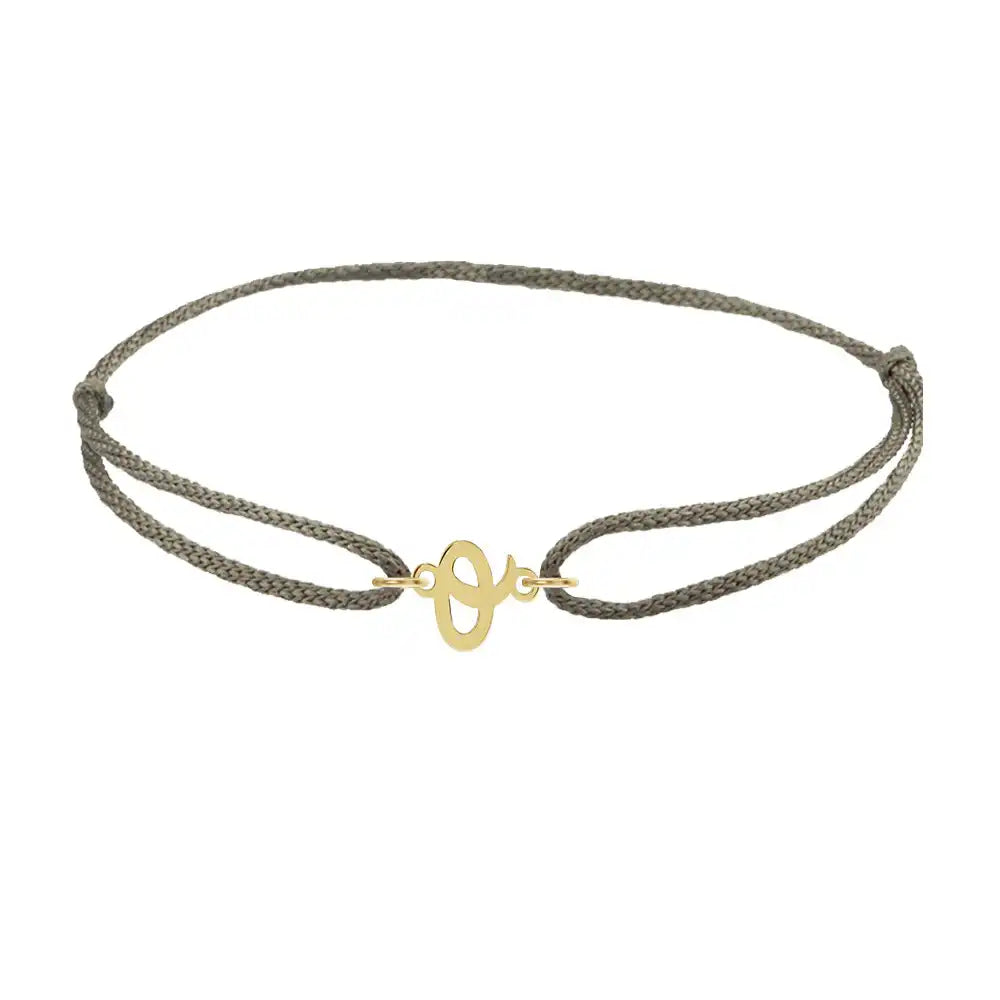 Script initial o silk bracelet in 14K yellow gold on olive silk