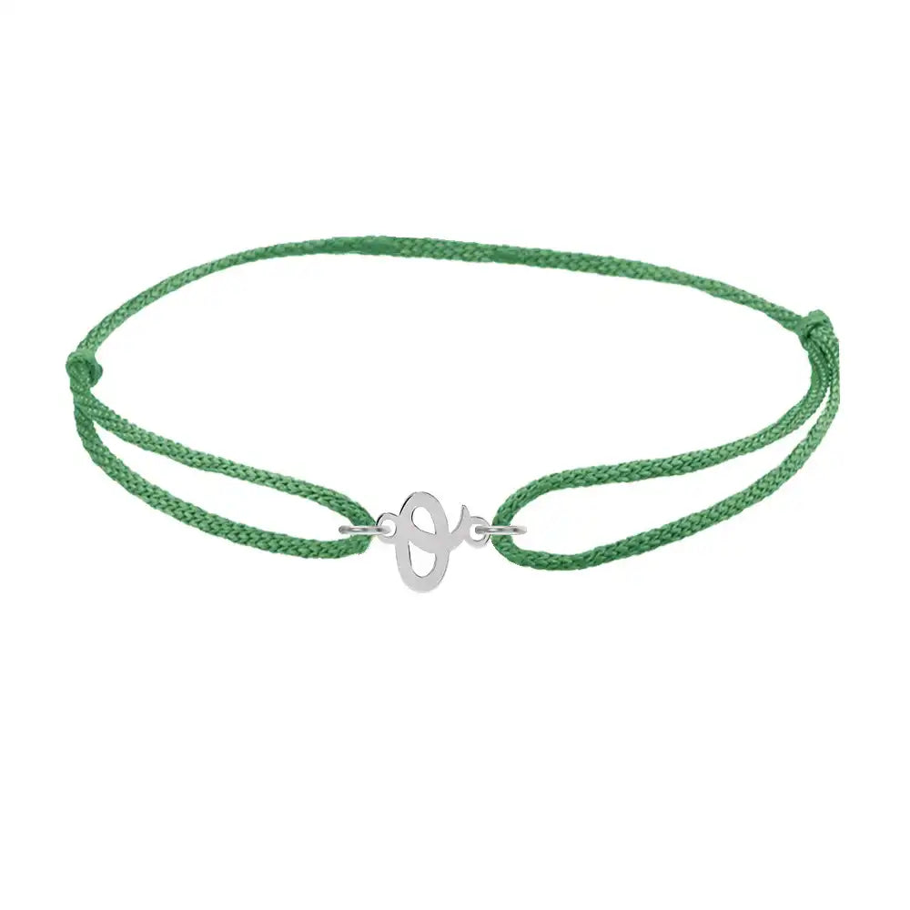 Script initial o silk bracelet in sterling silver on emerald silk