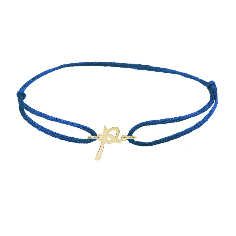 Script initial p silk bracelet in 14K yellow gold on blue silk