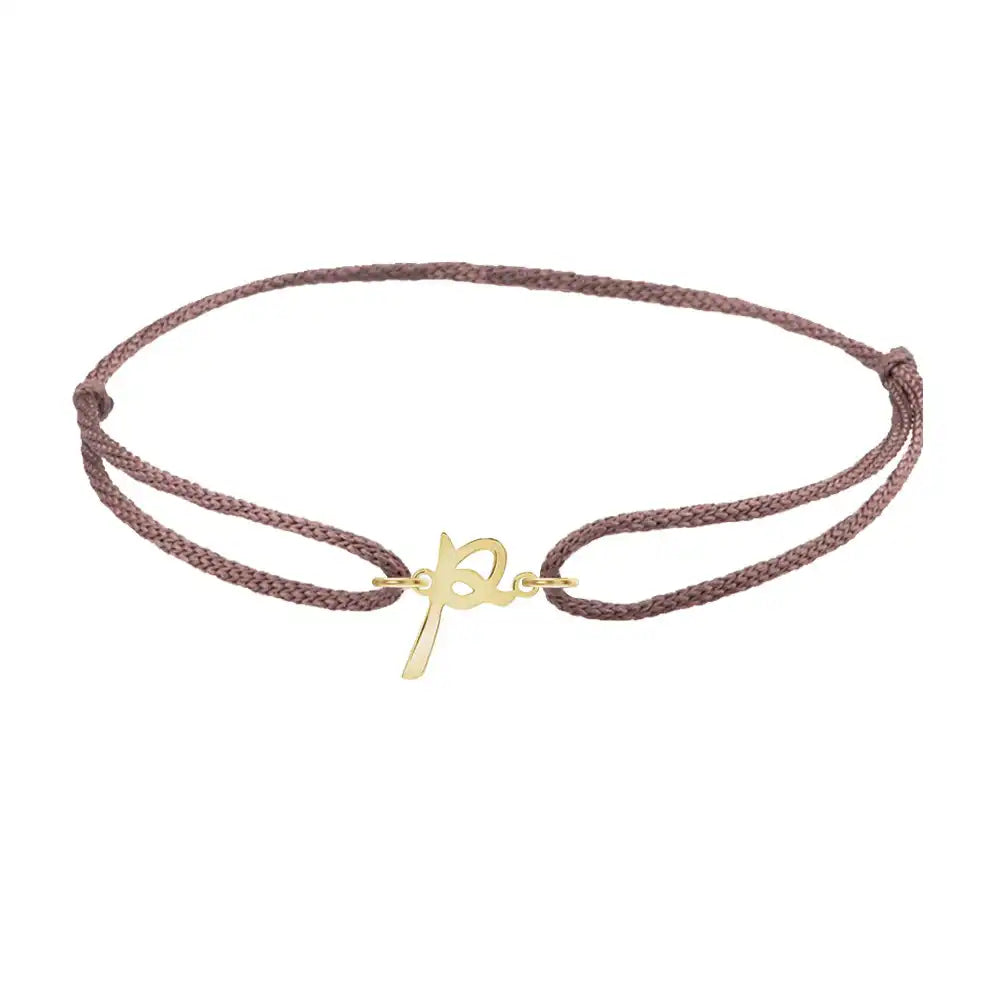 Script initial p silk bracelet in 14K yellow gold on brown silk