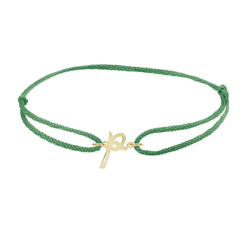 Script initial p silk bracelet in 14K yellow gold on emerald silk