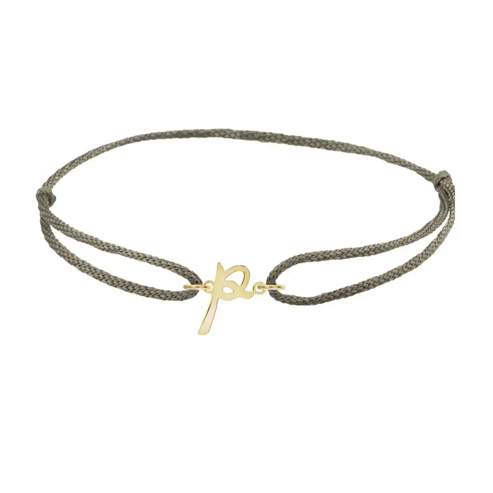 Script initial p silk bracelet in 14K yellow gold on olive silk