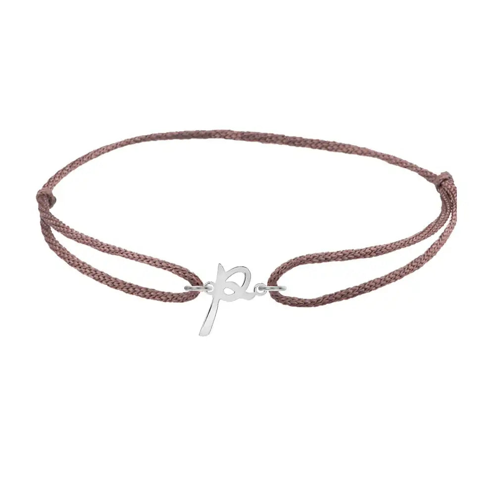 Script initial p silk bracelet in sterling silver on brown silk