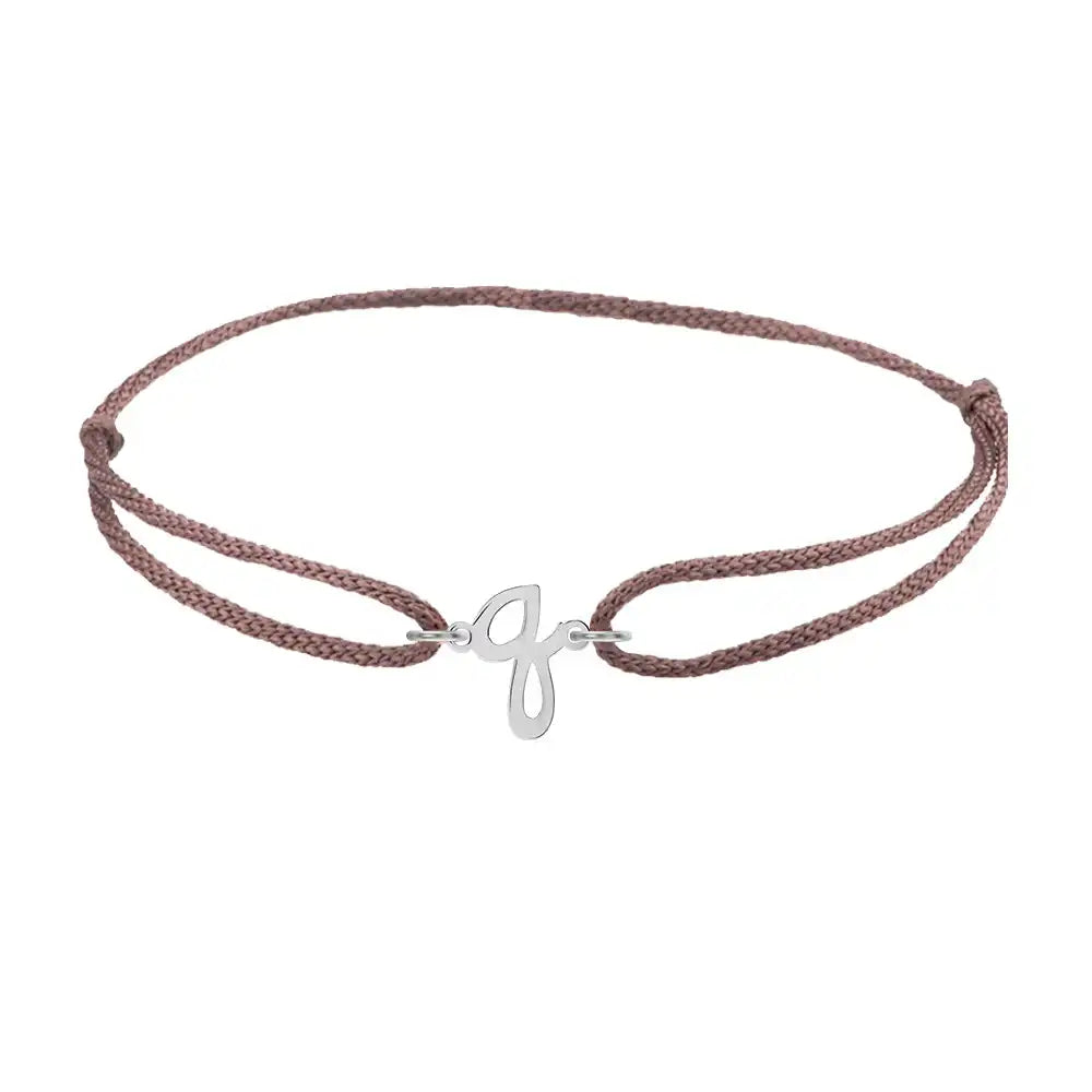 Script initial q silk bracelet in 14K white gold on brown silk