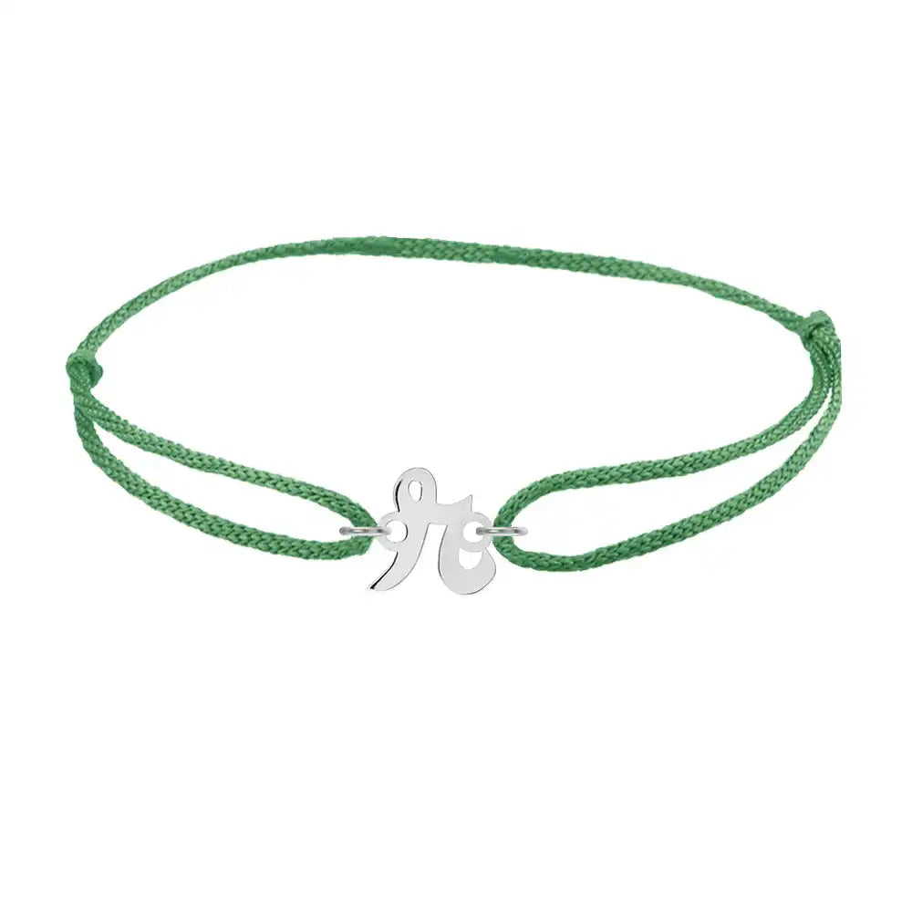 Script initial r silk bracelet in 14K white gold on emerald silk