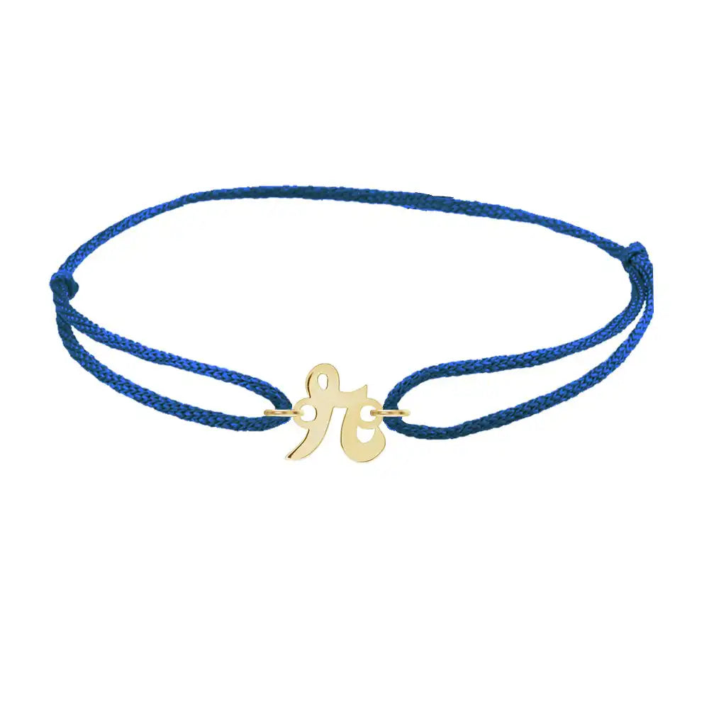 Script initial r silk bracelet in 14K yellow gold on blue silk