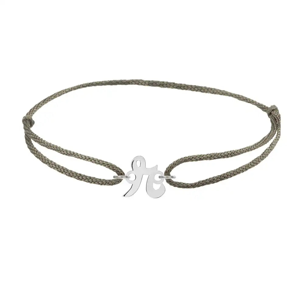 Script initial r silk bracelet in sterling silver on olive silk