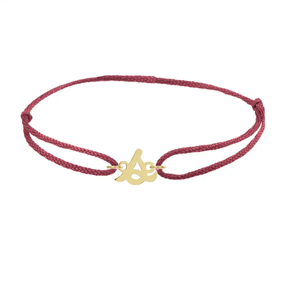 Script initial s silk bracelet in 14K yellow gold on burgundy silk