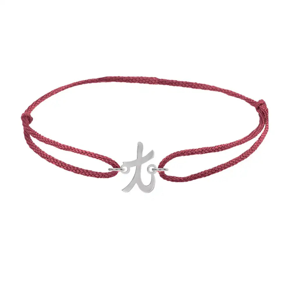 Script initial t silk bracelet in 14K white gold on burgundy silk