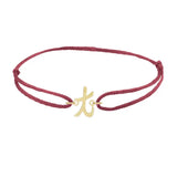Script initial t silk bracelet in 14K yellow gold on burgundy silk