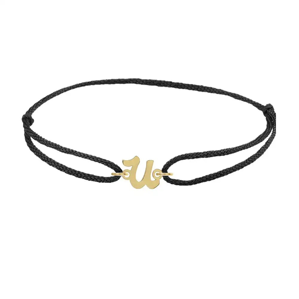 Script initial u silk bracelet in 14K yellow gold on black silk