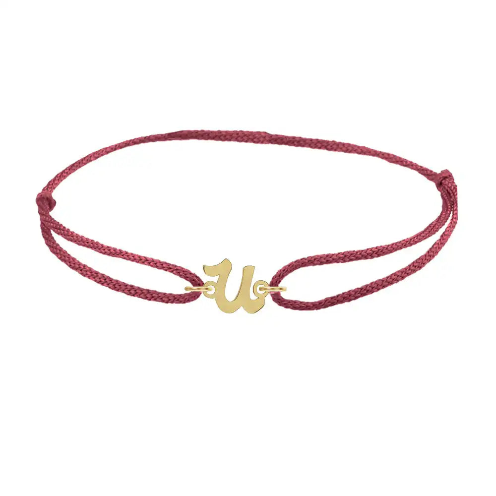 Script initial u silk bracelet in 14K yellow gold on burgundy silk