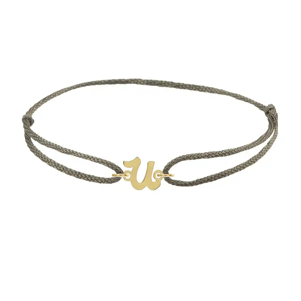 Script initial u silk bracelet in 14K yellow gold on olive silk