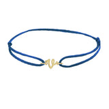 Script initial v silk bracelet in 14K yellow gold on blue silk