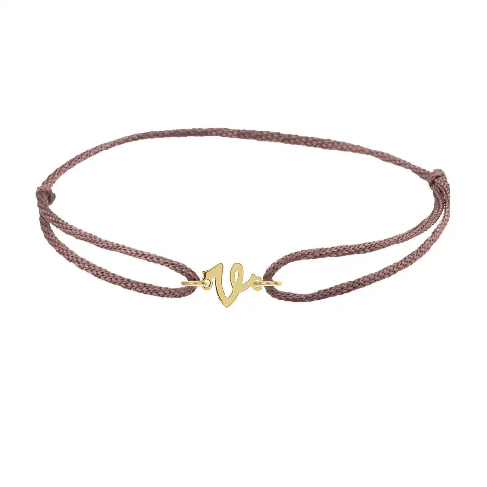 Script initial v silk bracelet in 14K yellow gold on brown silk
