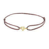Script initial v silk bracelet in 14K yellow gold on brown silk