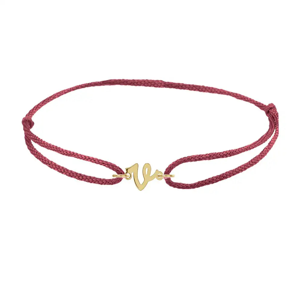 Script initial v silk bracelet in 14K yellow gold on burgundy silk