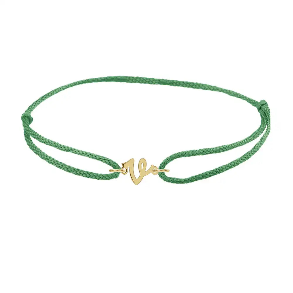 Script initial v silk bracelet in 14K yellow gold on emerald silk