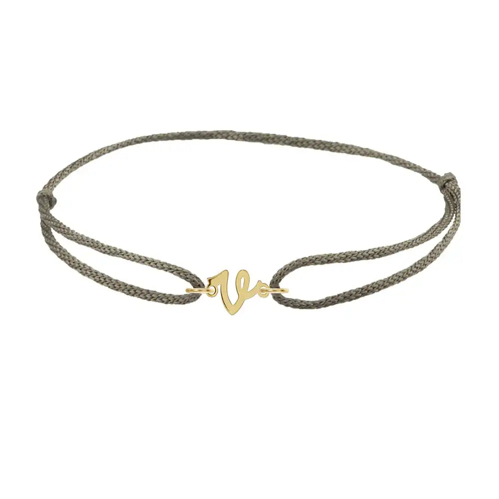 Script initial v silk bracelet in 14K yellow gold on olive silk