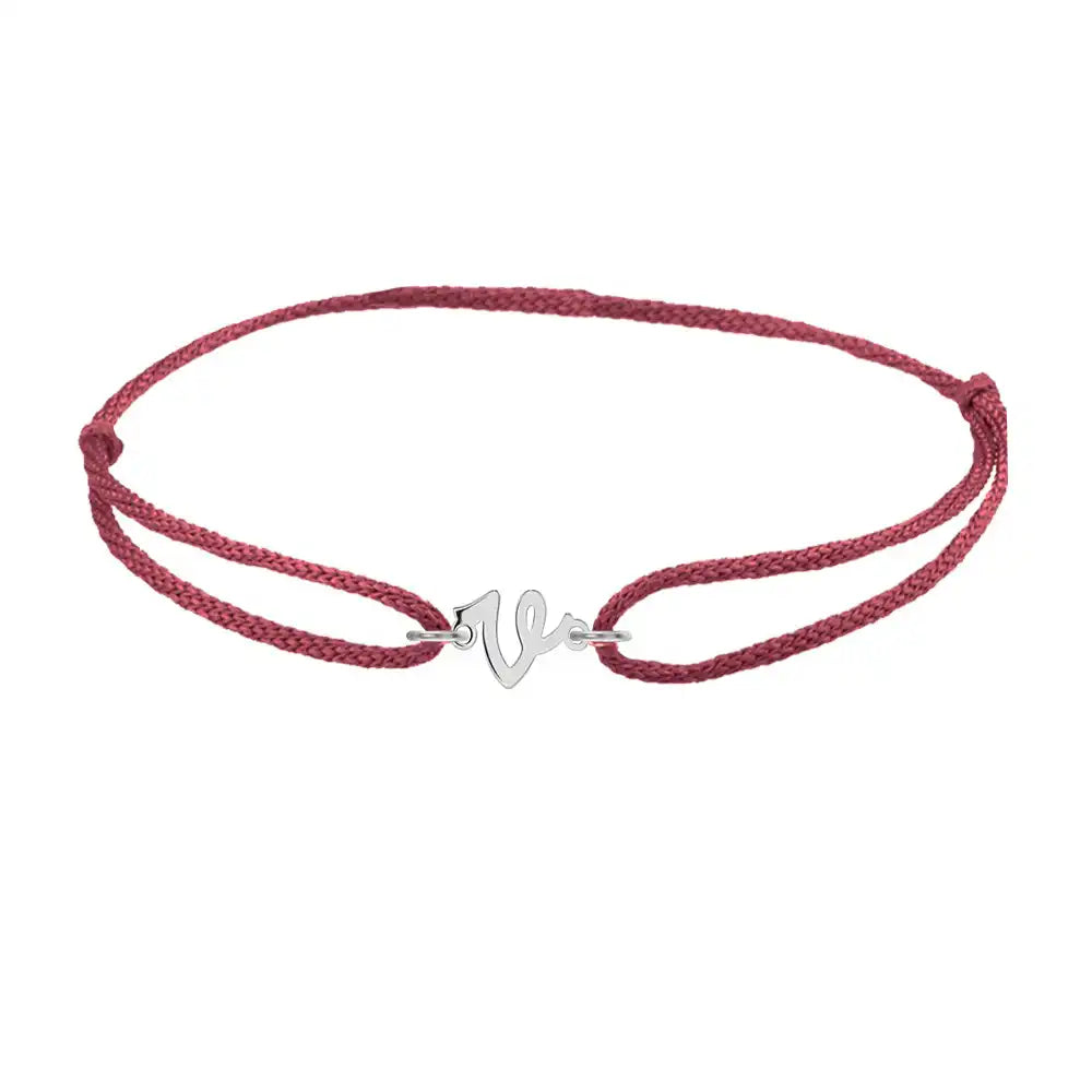 Script initial v silk bracelet in sterling silver on burgundy silk