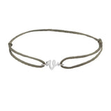 Script initial v silk bracelet in sterling silver on olive silk