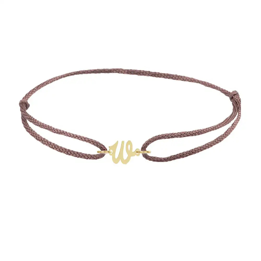 Script initial w silk bracelet in 14K yellow gold on brown silk
