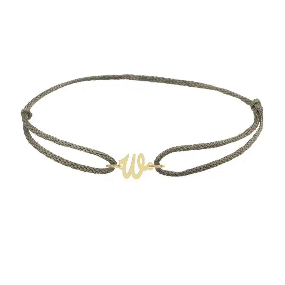 Script initial w silk bracelet in 14K yellow gold on olive silk