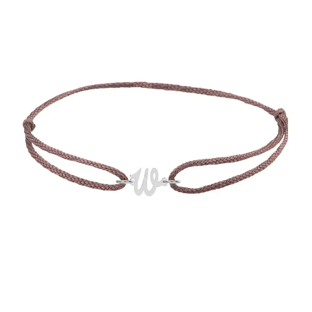 Script initial w silk bracelet in sterling silver on brown silk