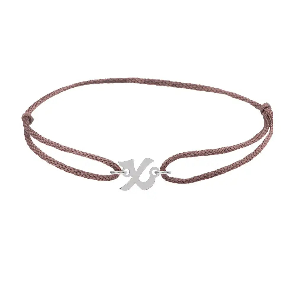 Script initial x silk bracelet in 14K white gold on brown silk