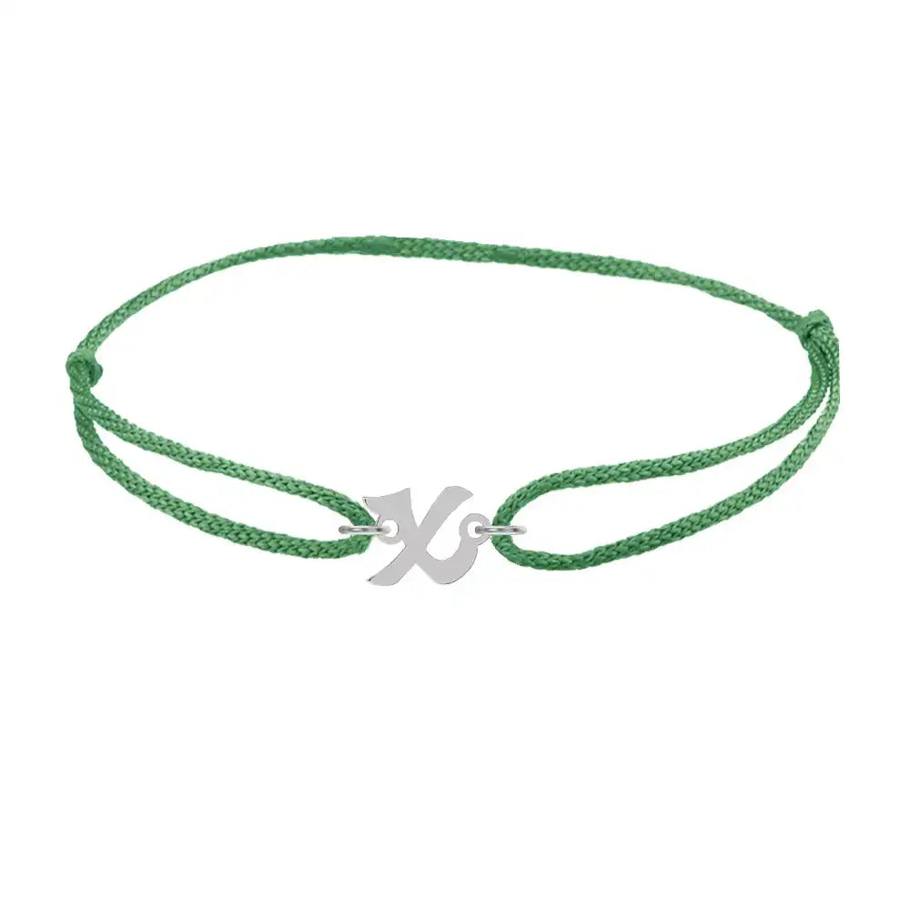 Script initial x silk bracelet in 14K white gold on emerald silk