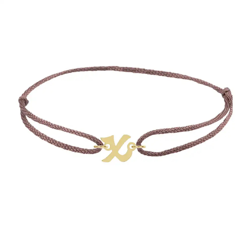 Script initial x silk bracelet in 14K yellow gold on brown silk