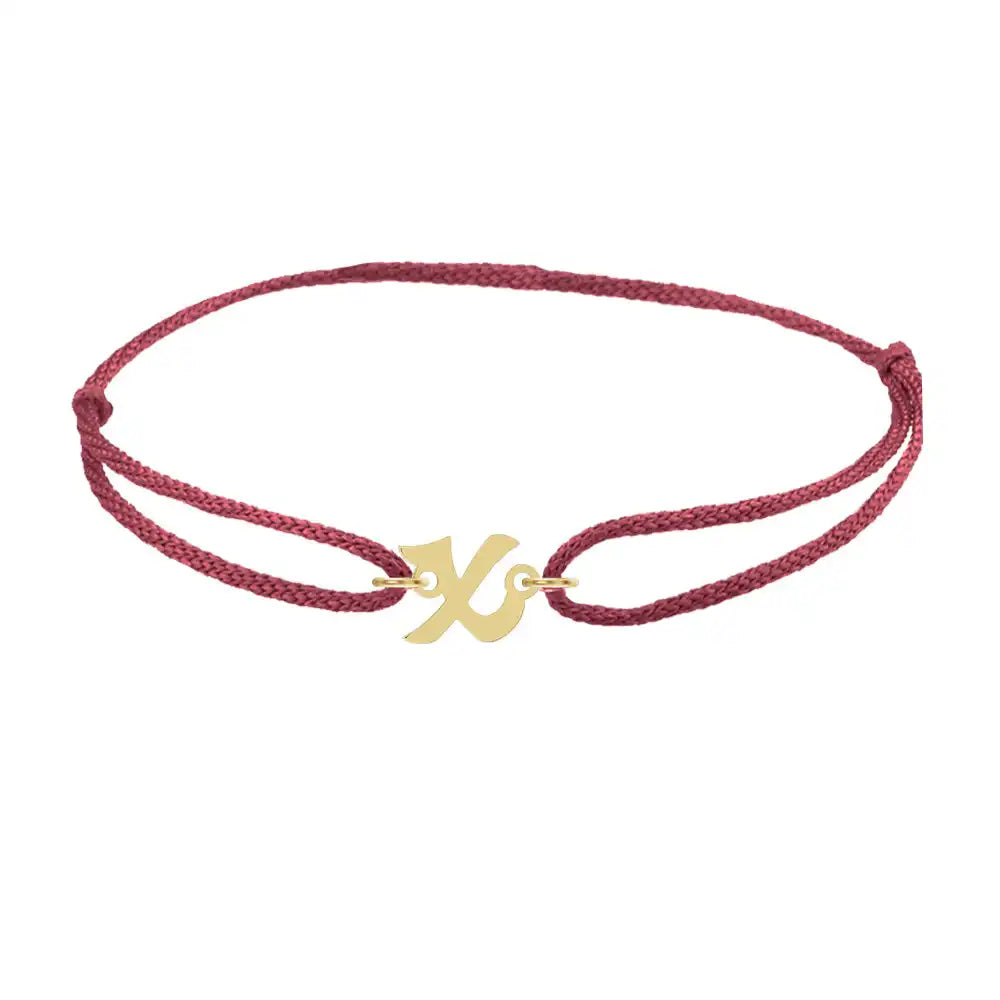 Script initial x silk bracelet in 14K yellow gold on burgundy silk