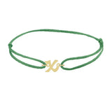 Script initial x silk bracelet in 14K yellow gold on emerald silk